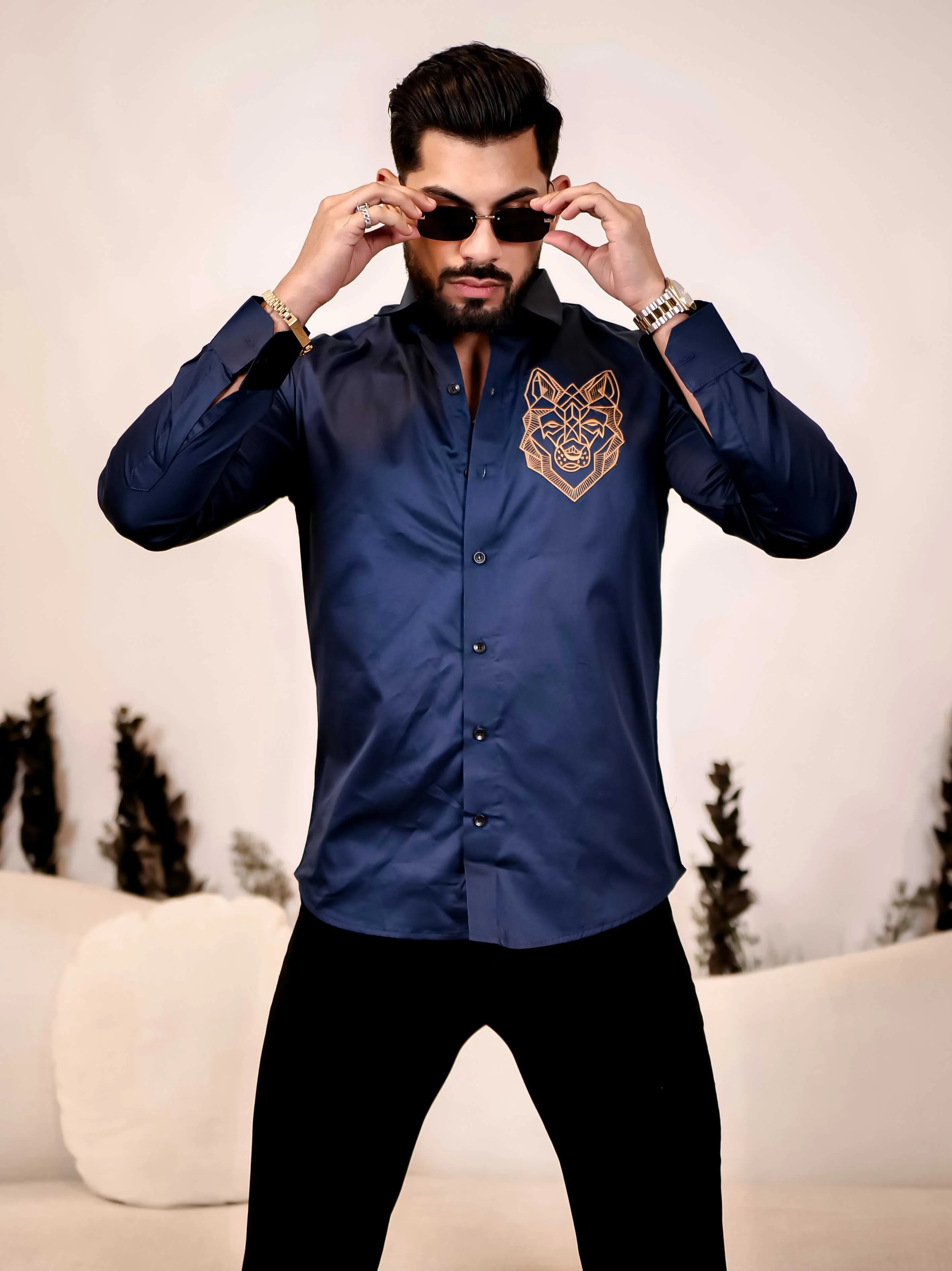 Line Art Wolf Navy Embroidered Club Wear Satin Cotton Shirt