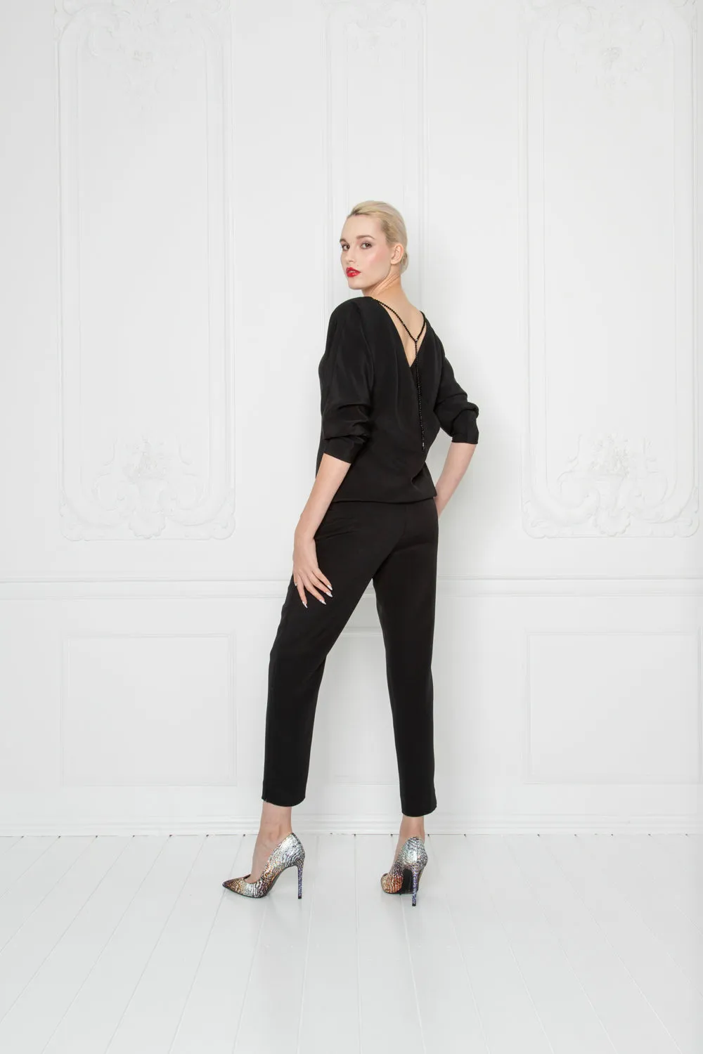 LITTORELLA BLACK SILK JUMPSUIT WITH AN OPEN BACK