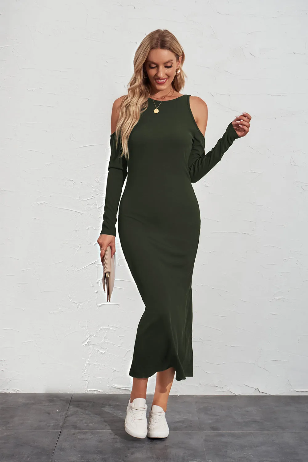 Long Sleeve Cut Out Ribbed Knit Sweater Dress