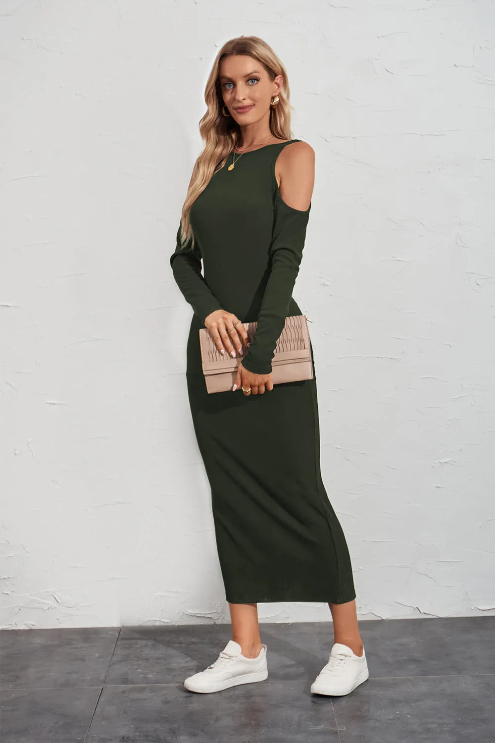 Long Sleeve Cut Out Ribbed Knit Sweater Dress