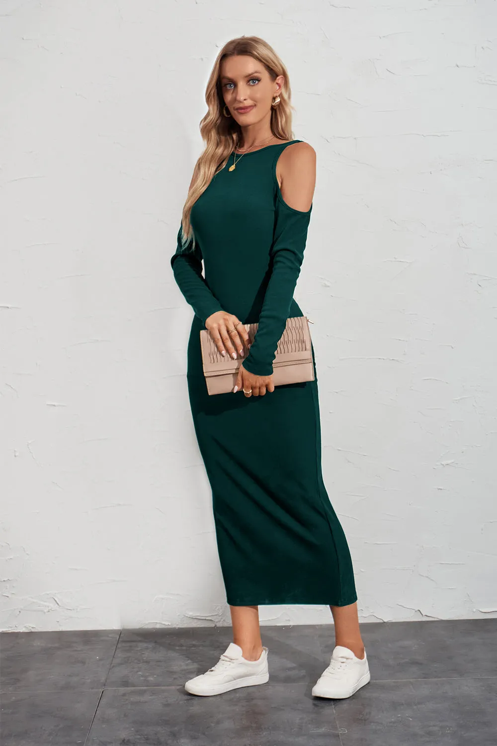 Long Sleeve Cut Out Ribbed Knit Sweater Dress