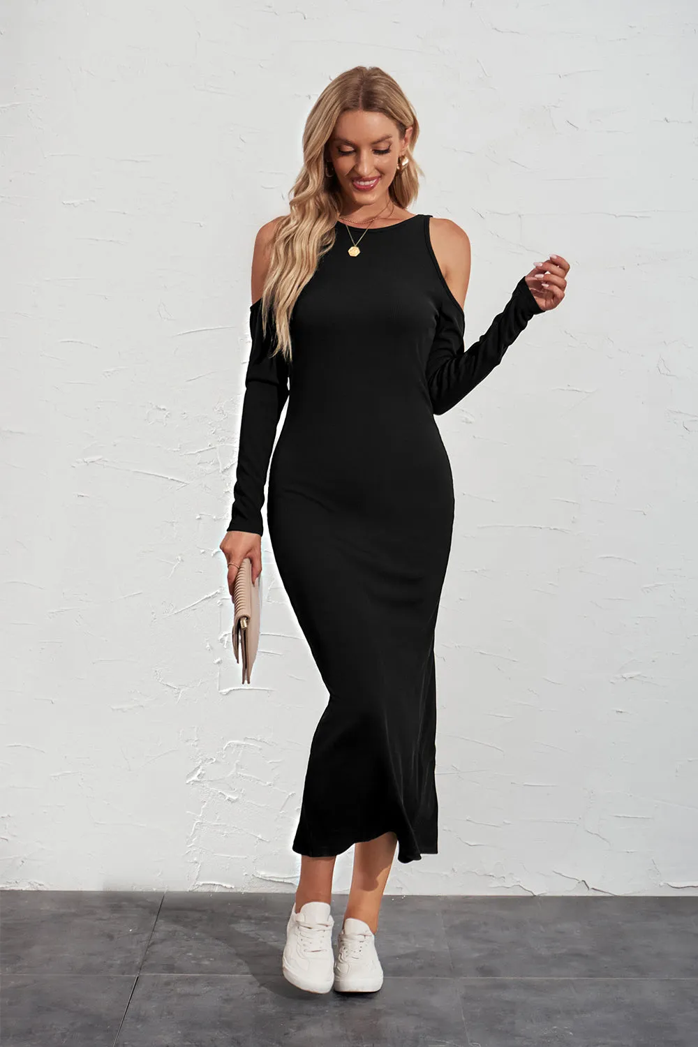 Long Sleeve Cut Out Ribbed Knit Sweater Dress