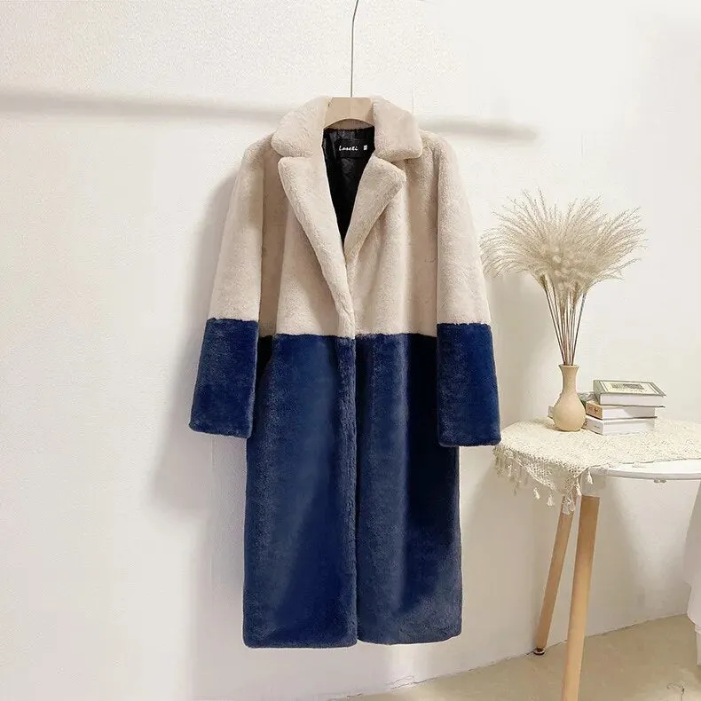 Luna Two Tone Color Faux Mink Fur Coat