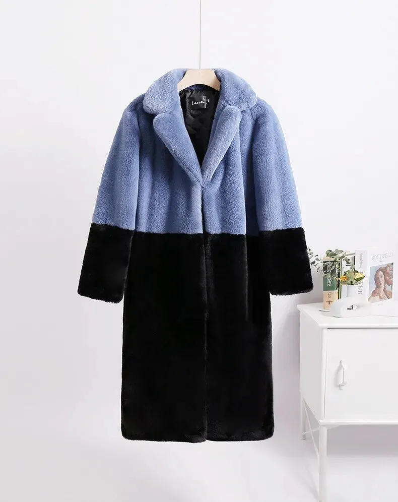 Luna Two Tone Color Faux Mink Fur Coat