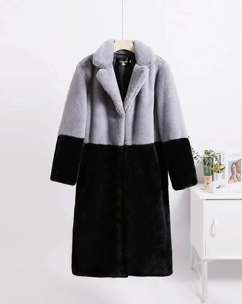 Luna Two Tone Color Faux Mink Fur Coat