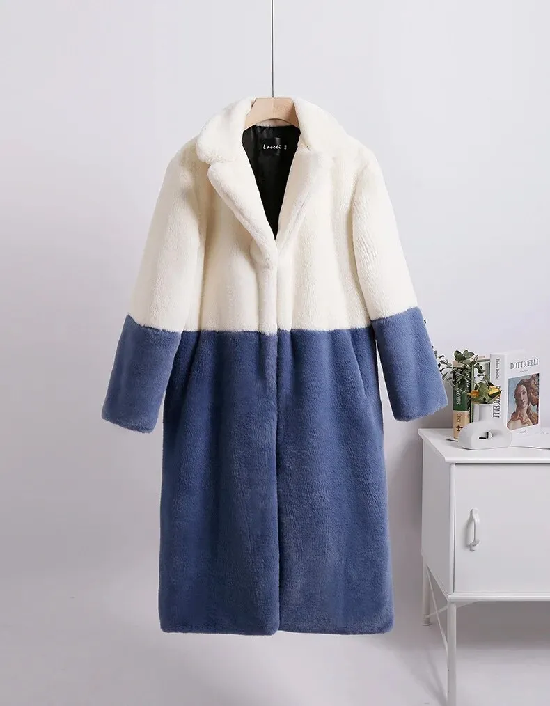 Luna Two Tone Color Faux Mink Fur Coat