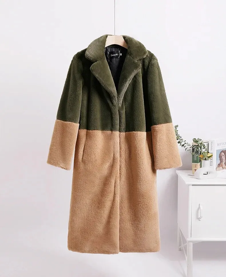 Luna Two Tone Color Faux Mink Fur Coat