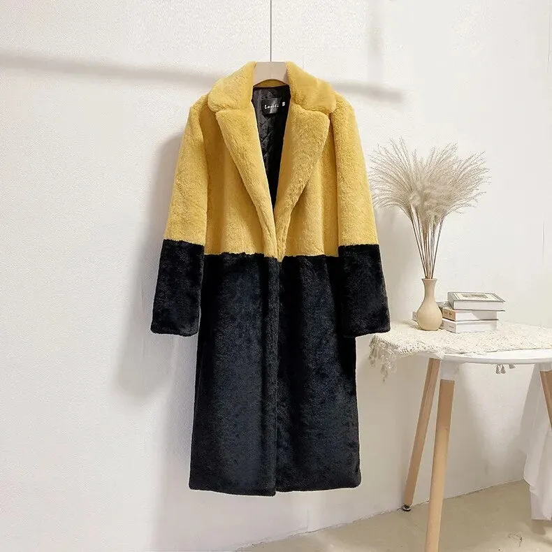 Luna Two Tone Color Faux Mink Fur Coat