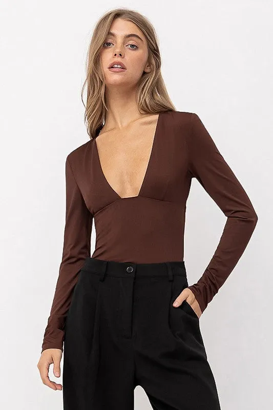 Maisie Long Sleeve Plunge V Neck Jersey Bodysuit - Chocolate