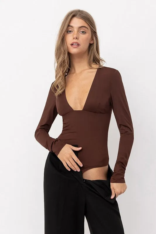 Maisie Long Sleeve Plunge V Neck Jersey Bodysuit - Chocolate