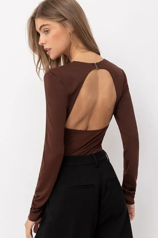 Maisie Long Sleeve Plunge V Neck Jersey Bodysuit - Chocolate