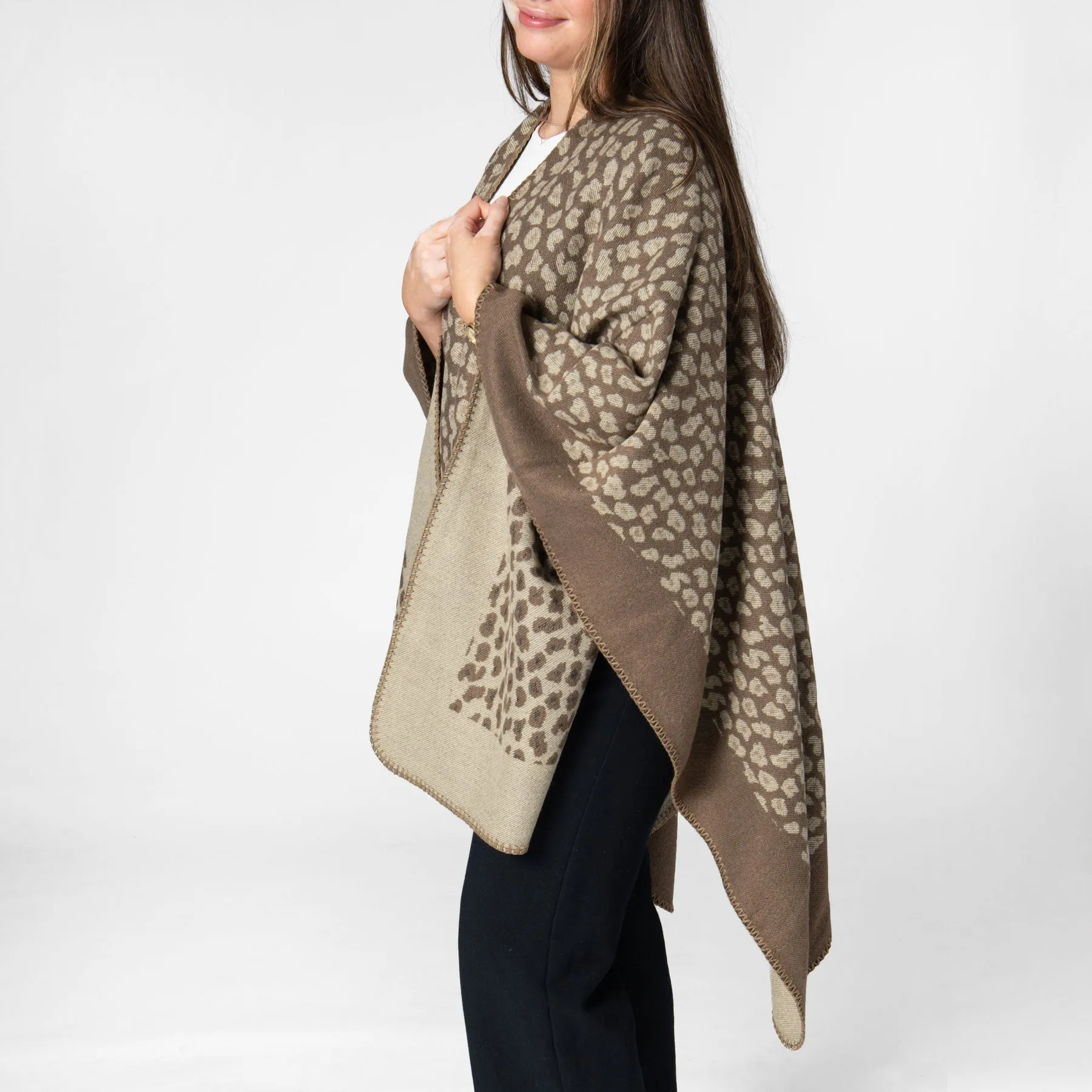 Marybeth - Womens Jacquard Leopard Open Front Poncho