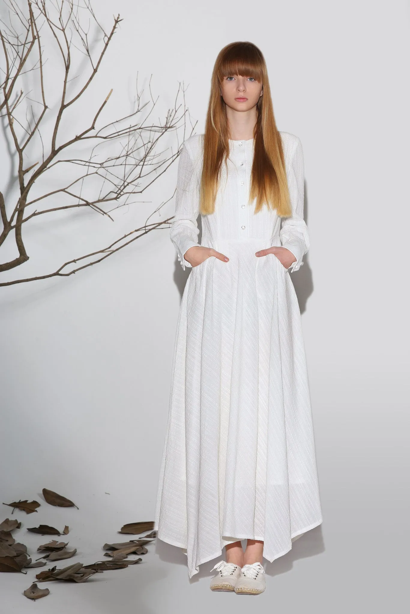 Maxi dress white linen dress woman's long sleeve dress custom made long dress (1164)