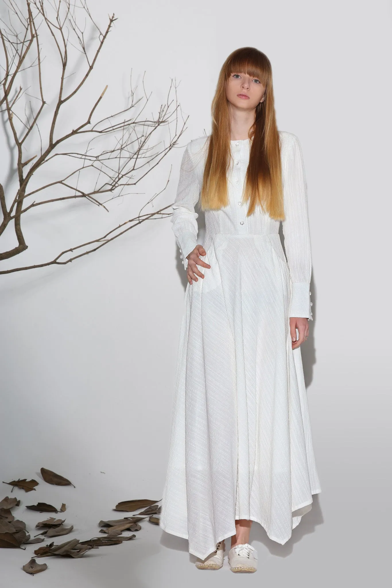 Maxi dress white linen dress woman's long sleeve dress custom made long dress (1164)