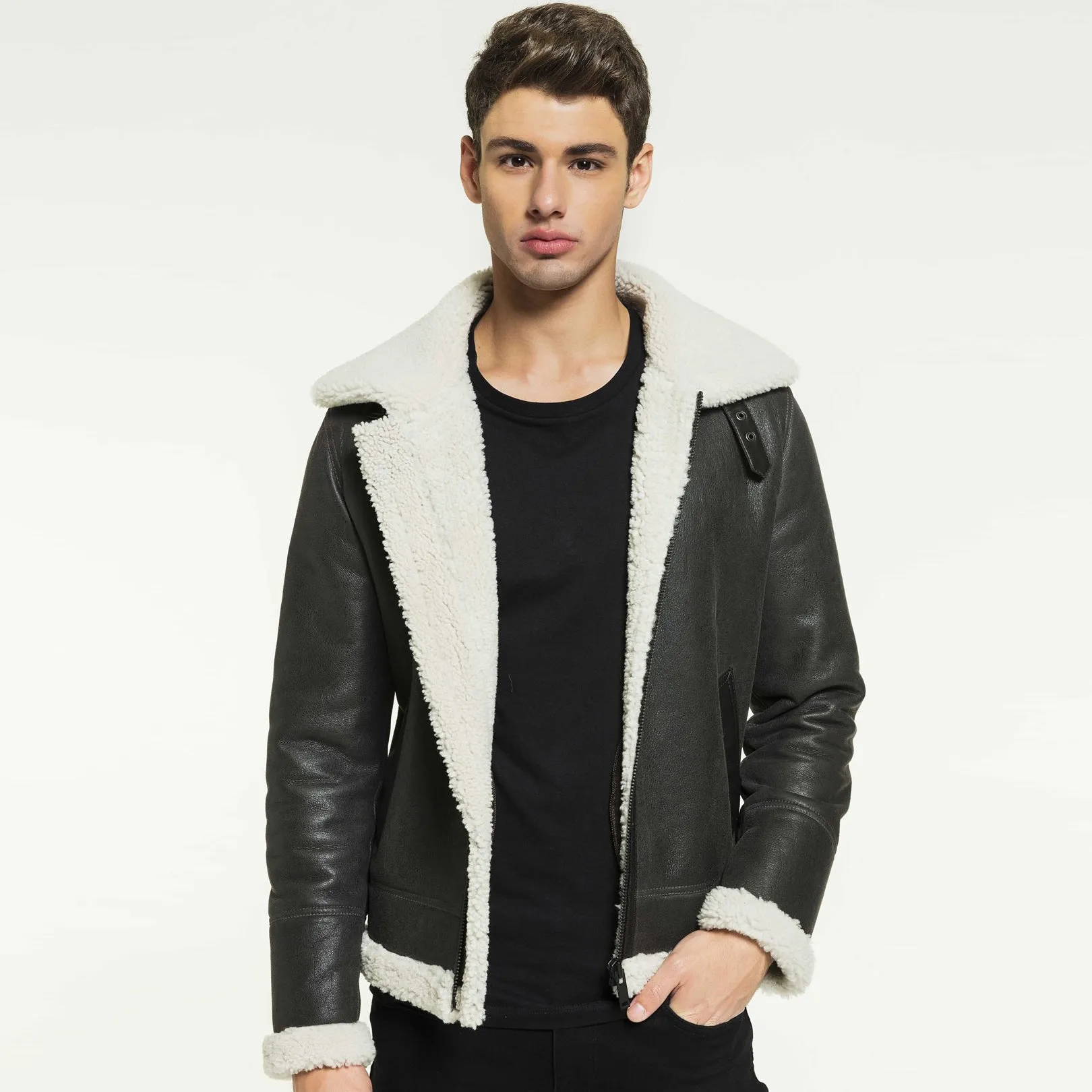 Men Aviator Grizzly Grey Shearling Jacket