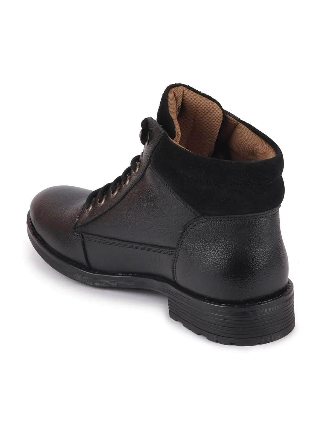 Men Black Leather Lace Up Mid Top Boots