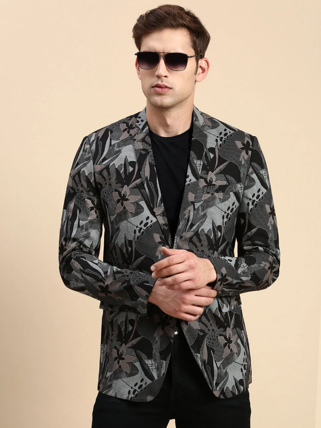 Men Black Printed Casual Blazer