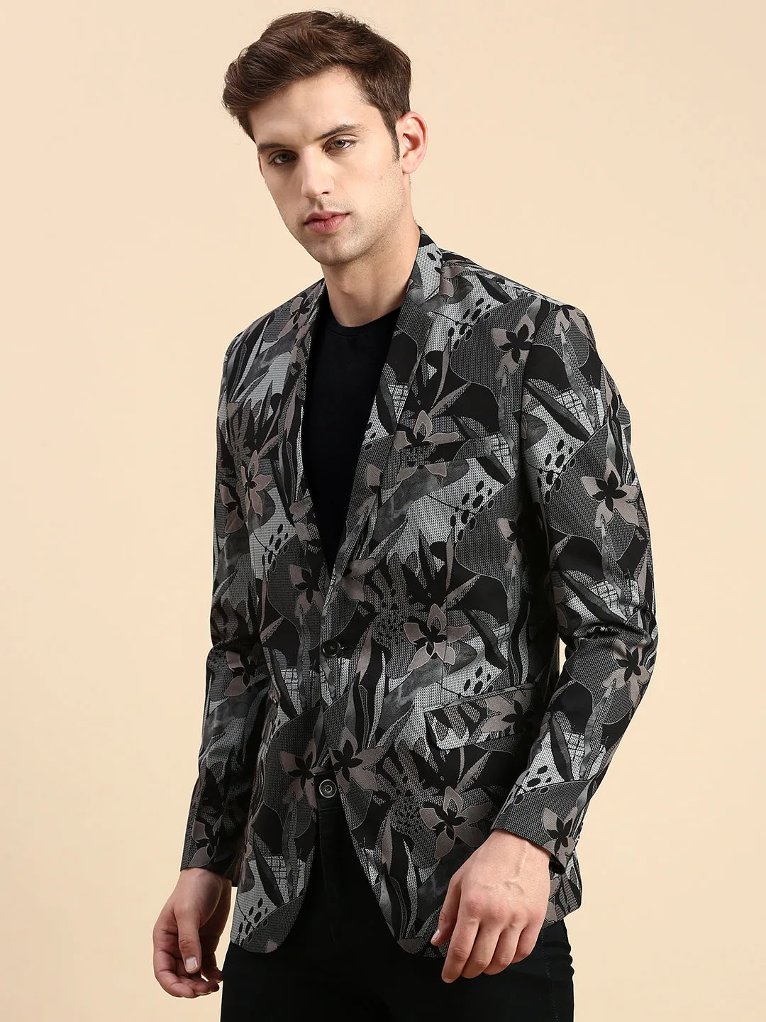 Men Black Printed Casual Blazer