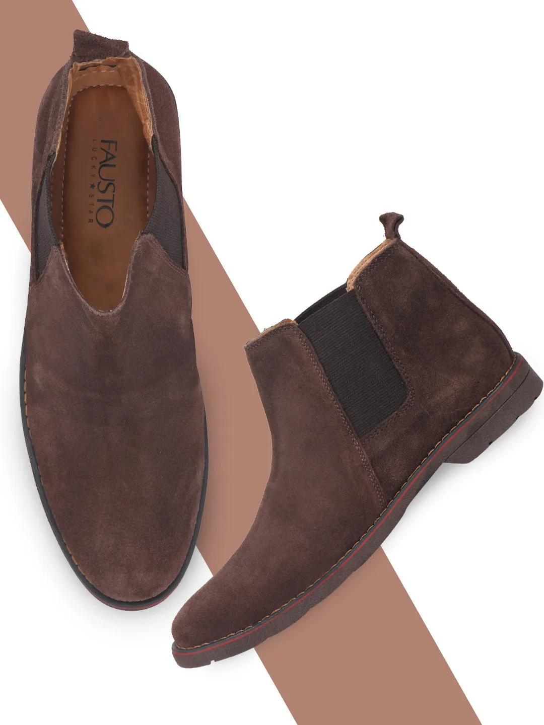 Men Brown Suede Leather Slip On Chelsea Boots