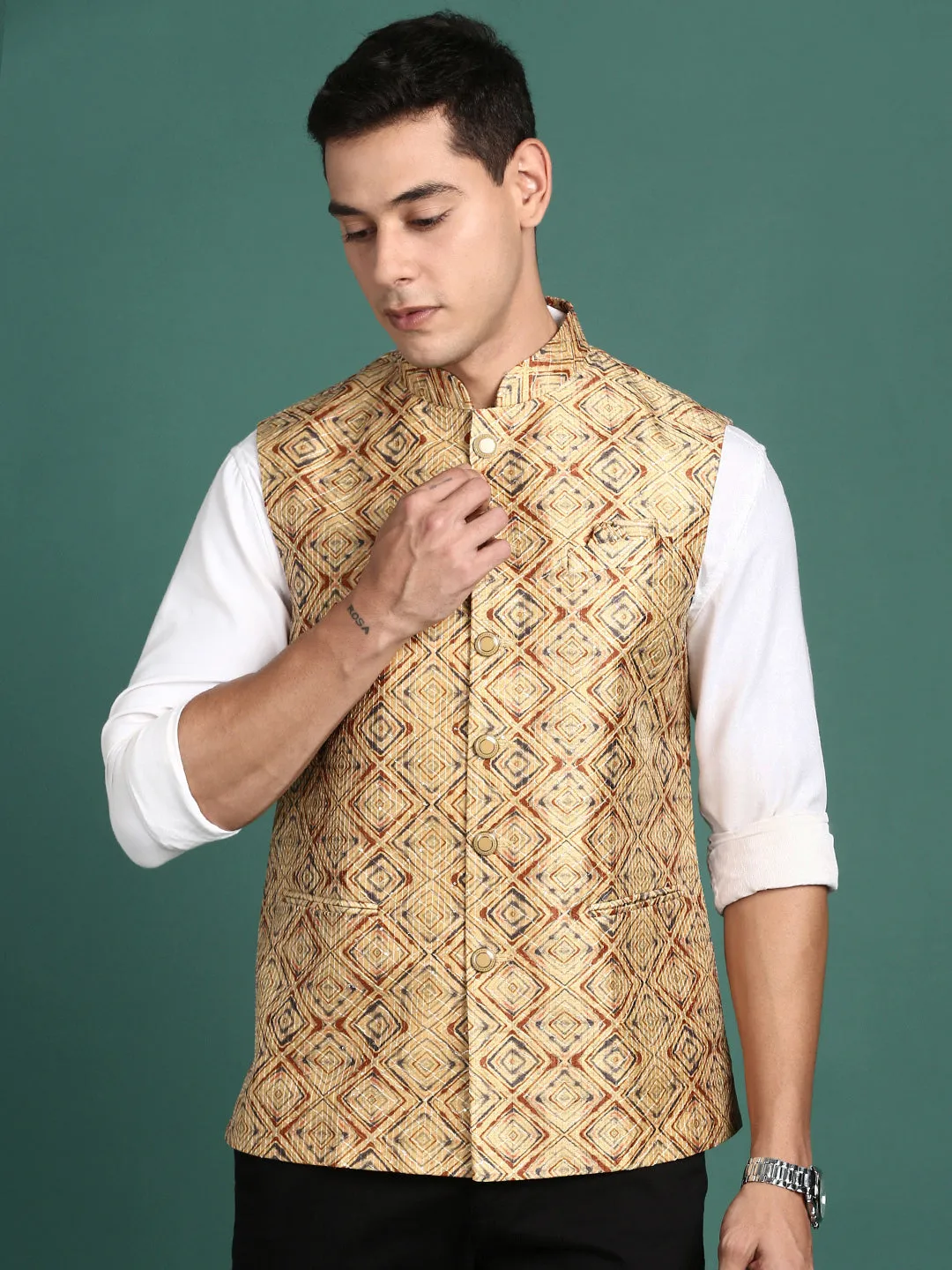 Men Embroidered Mustard Slim Fit Nehru Jacket