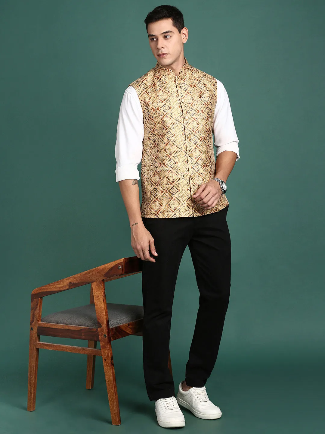 Men Embroidered Mustard Slim Fit Nehru Jacket