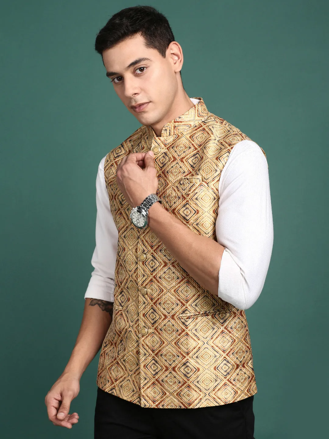 Men Embroidered Mustard Slim Fit Nehru Jacket