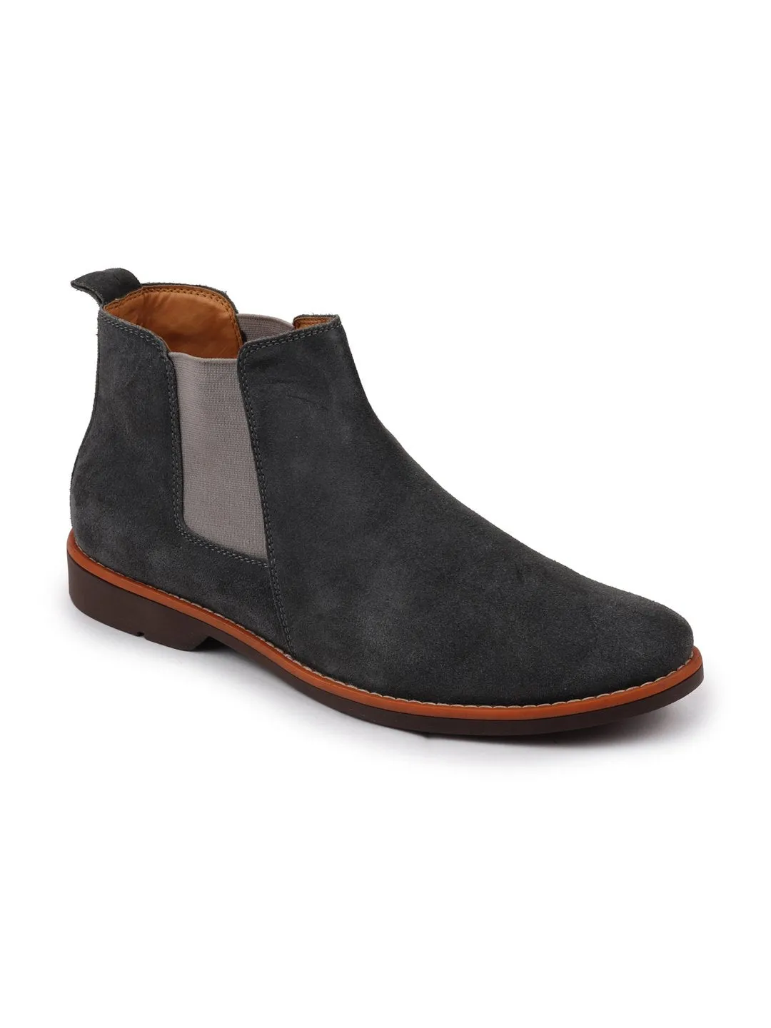 Men Grey Suede Leather Slip On Chelsea Boots