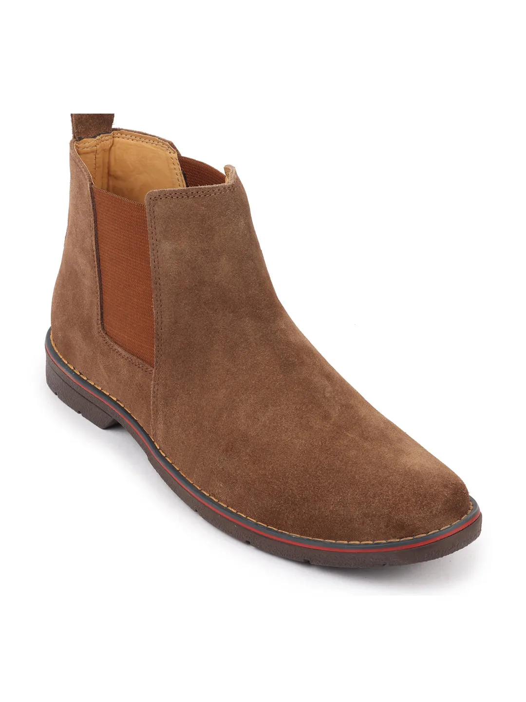 Men Light Brown Suede Leather Slip On Chelsea Boots