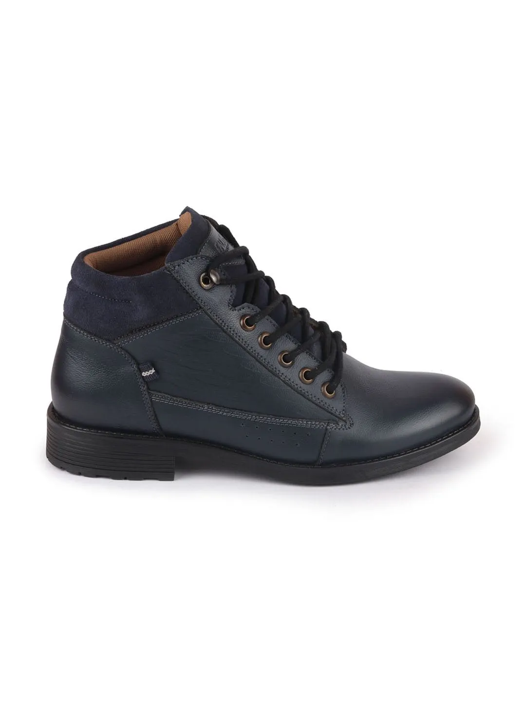 Men Navy Blue Leather Lace Up Mid Top Boots