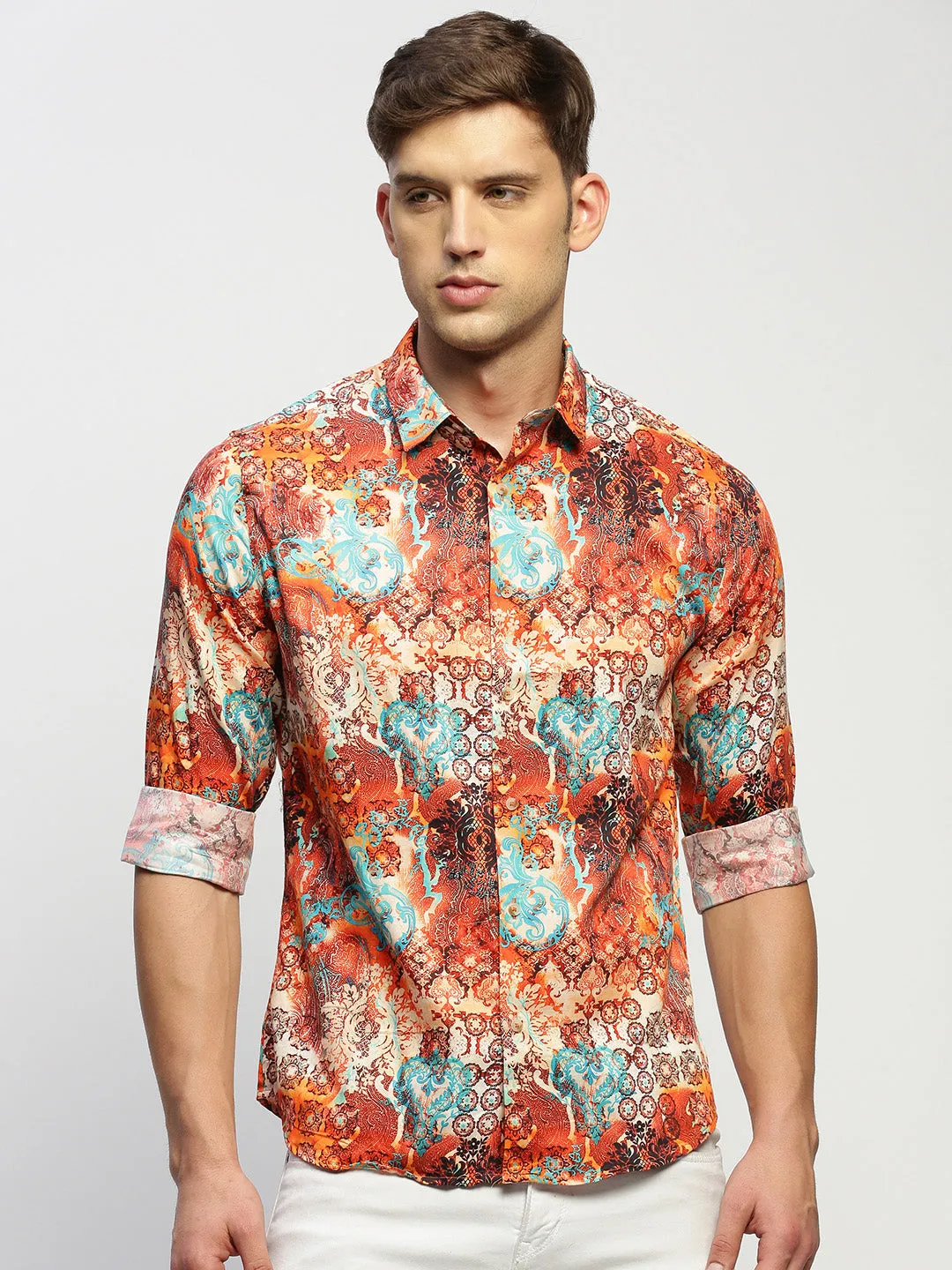 Men Orange Printed Shirt