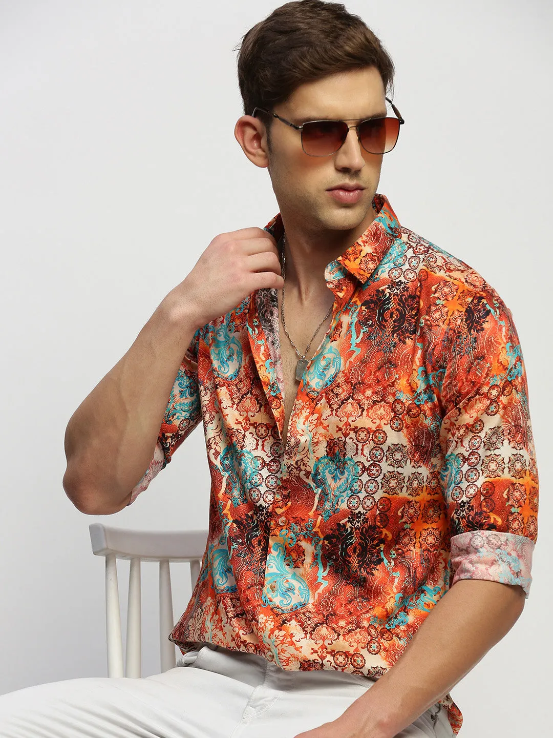 Men Orange Printed Shirt