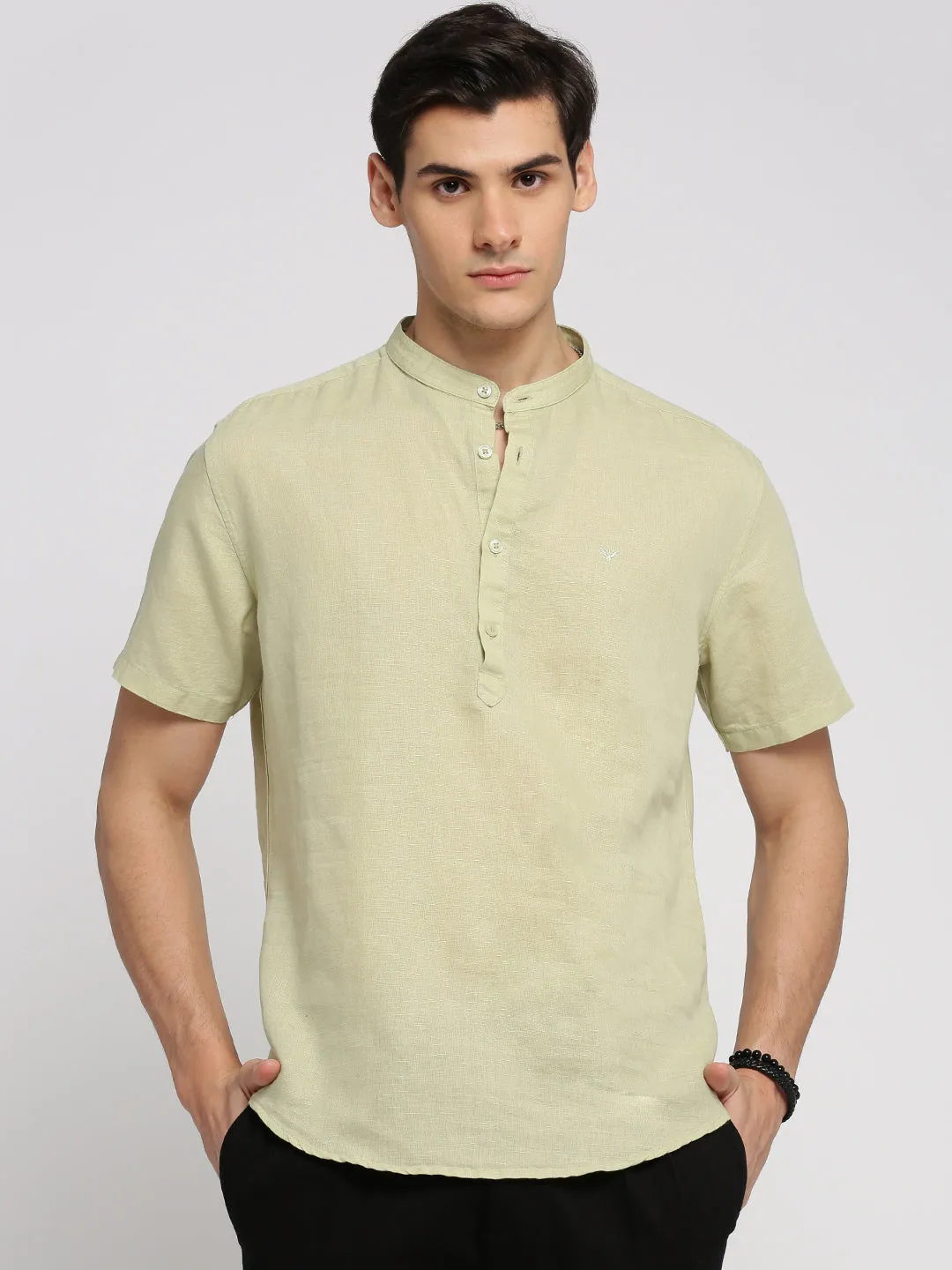 Men Sea Green Solid Mandarin Collar Casual Short Kurta