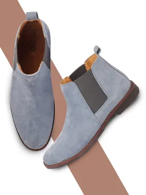 Men Sky Blue Suede Leather Slip On Chelsea Boots