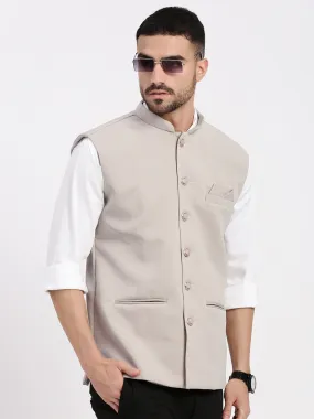 Men Solid Beige Nehru Jacket