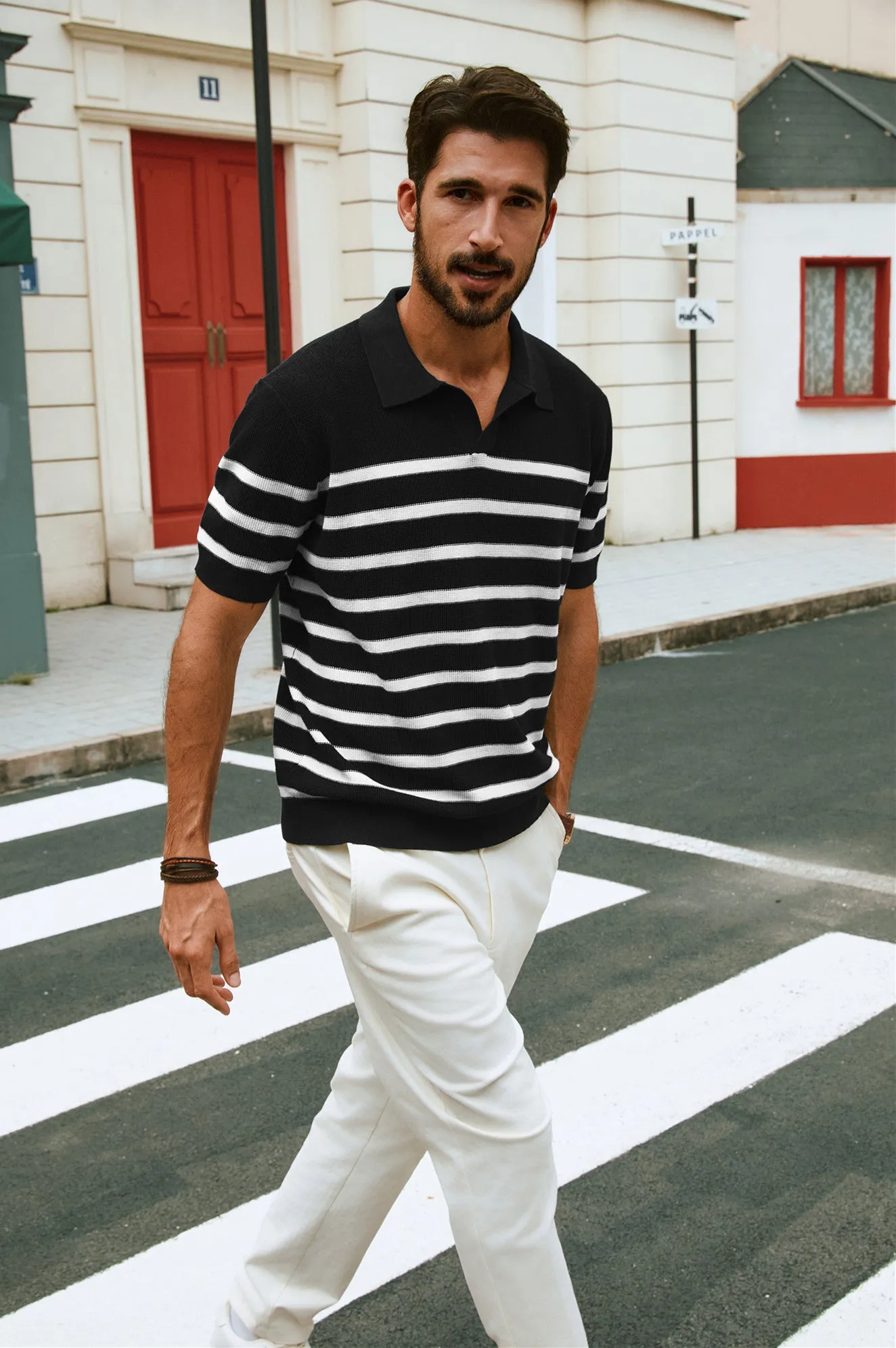 Men Striped Knitwear Short Sleeve Lapel Collar V-Neck Knitted Polo-Shirt Tops