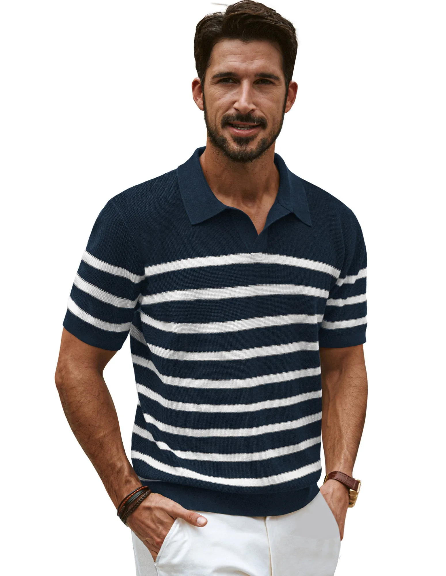 Men Striped Knitwear Short Sleeve Lapel Collar V-Neck Knitted Polo-Shirt Tops