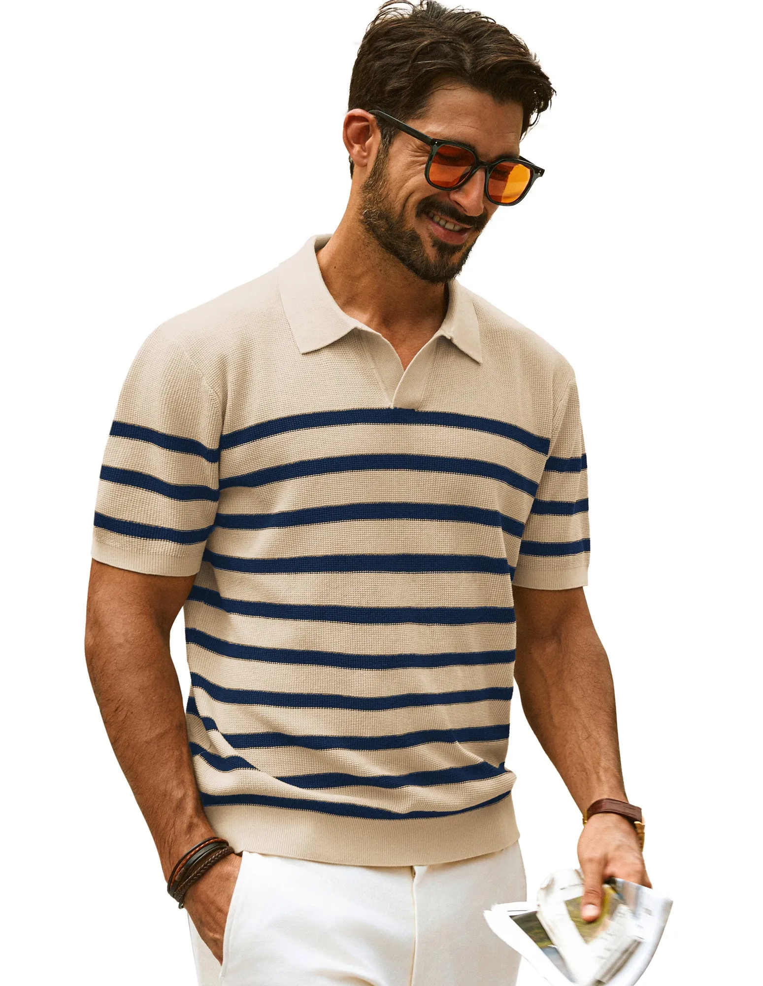 Men Striped Knitwear Short Sleeve Lapel Collar V-Neck Knitted Polo-Shirt Tops