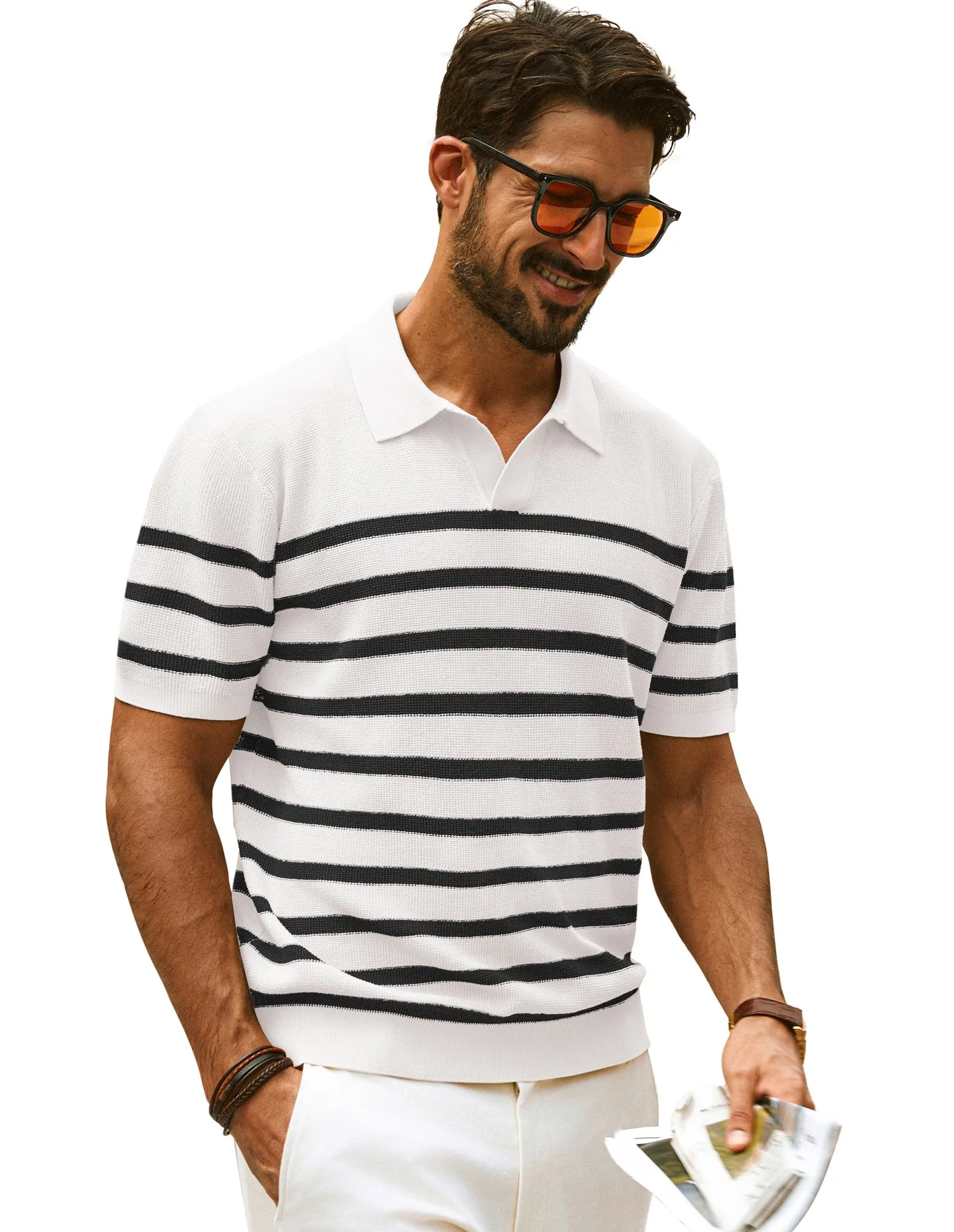 Men Striped Knitwear Short Sleeve Lapel Collar V-Neck Knitted Polo-Shirt Tops