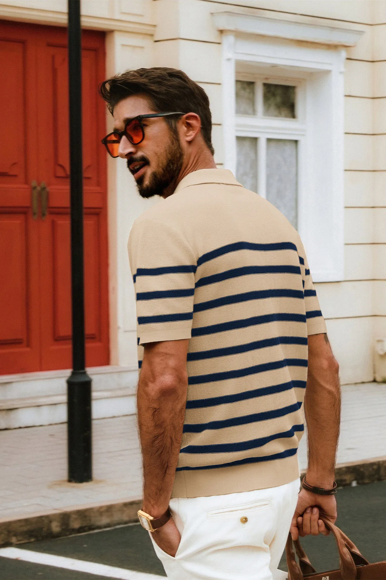 Men Striped Knitwear Short Sleeve Lapel Collar V-Neck Knitted Polo-Shirt Tops