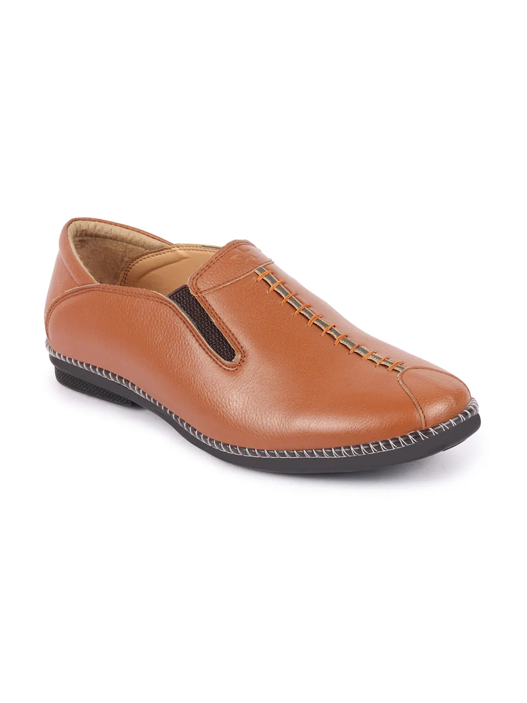 Men Tan Casual Cap Toe Hand Stitched Slip On Shoes