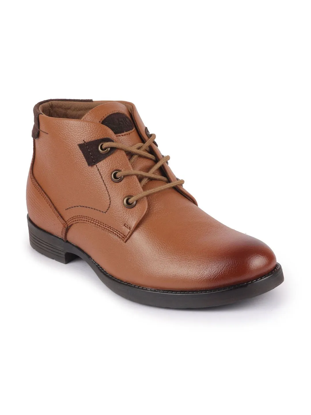 Men Tan Leather Lace Up Flat Boots