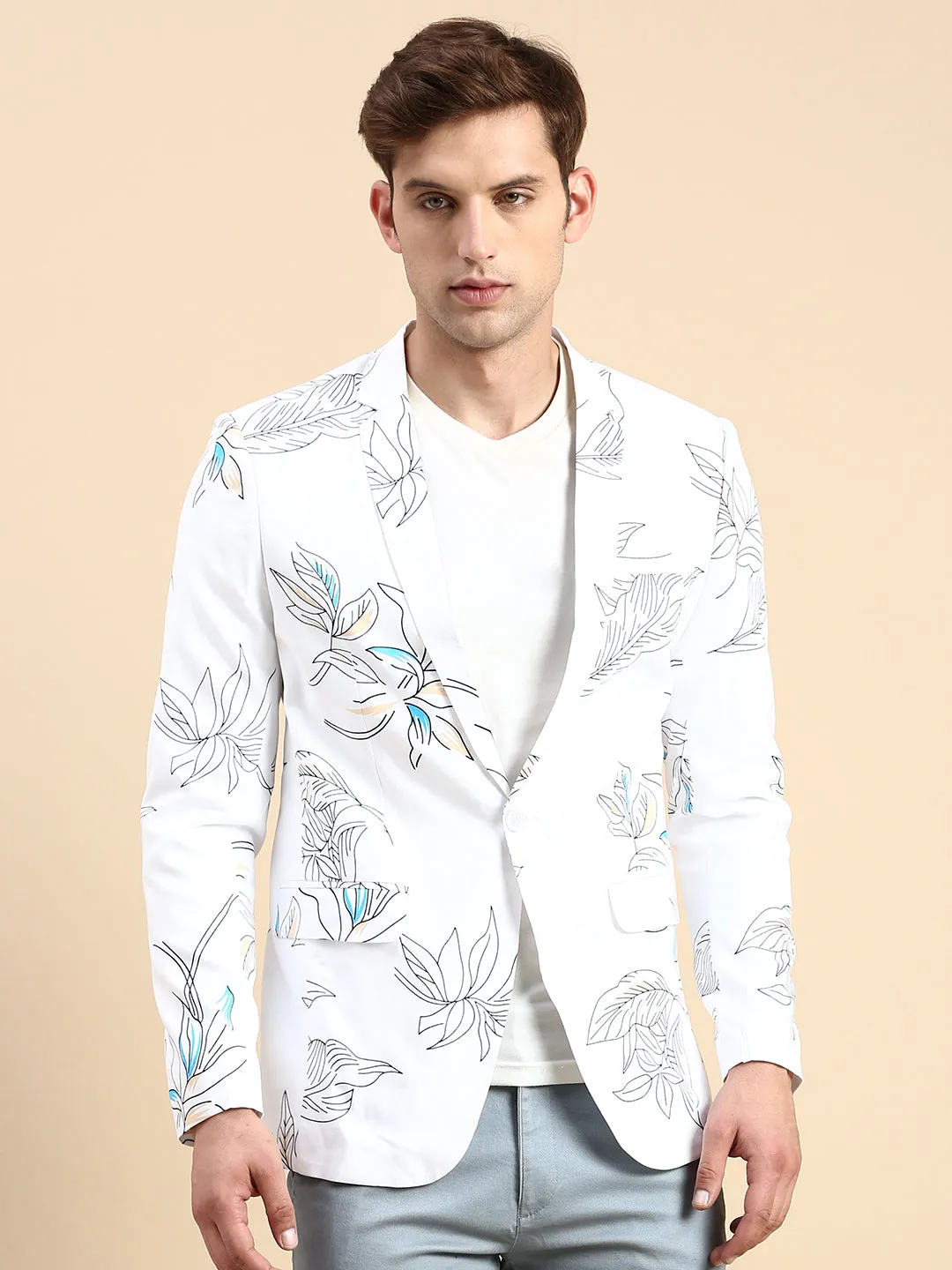 Men White Printed Casual Blazer