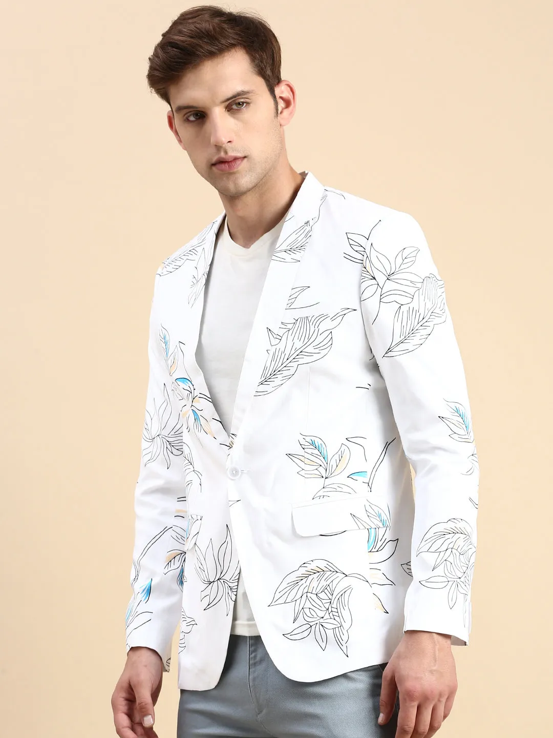 Men White Printed Casual Blazer