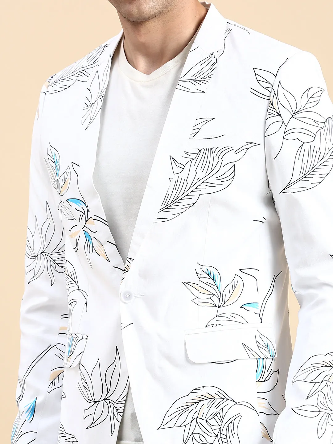 Men White Printed Casual Blazer