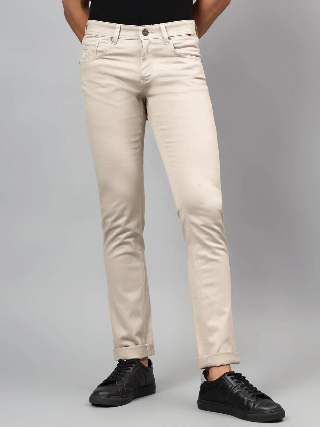 Men's Beige Self-Design Non-Pleated Casual Trouser