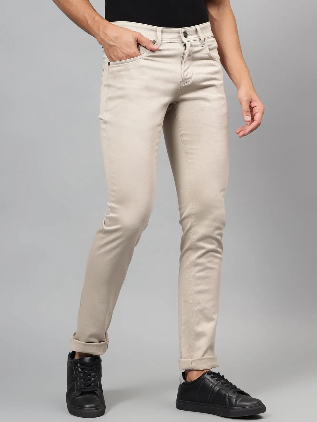 Men's Beige Self-Design Non-Pleated Casual Trouser