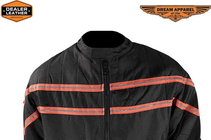 Men's Black Light Textile Motorcycle Jacket w/ Orange Stripe Across Design