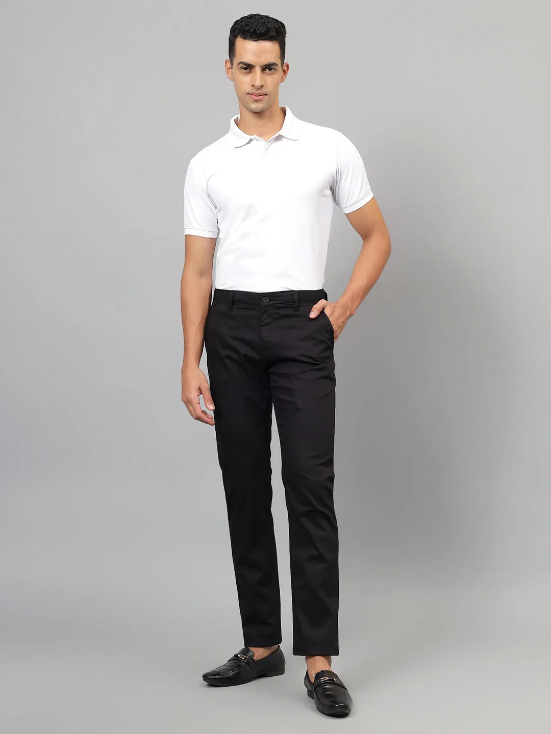 Men's Black Self-Design Non-Pleated Casual Trouser