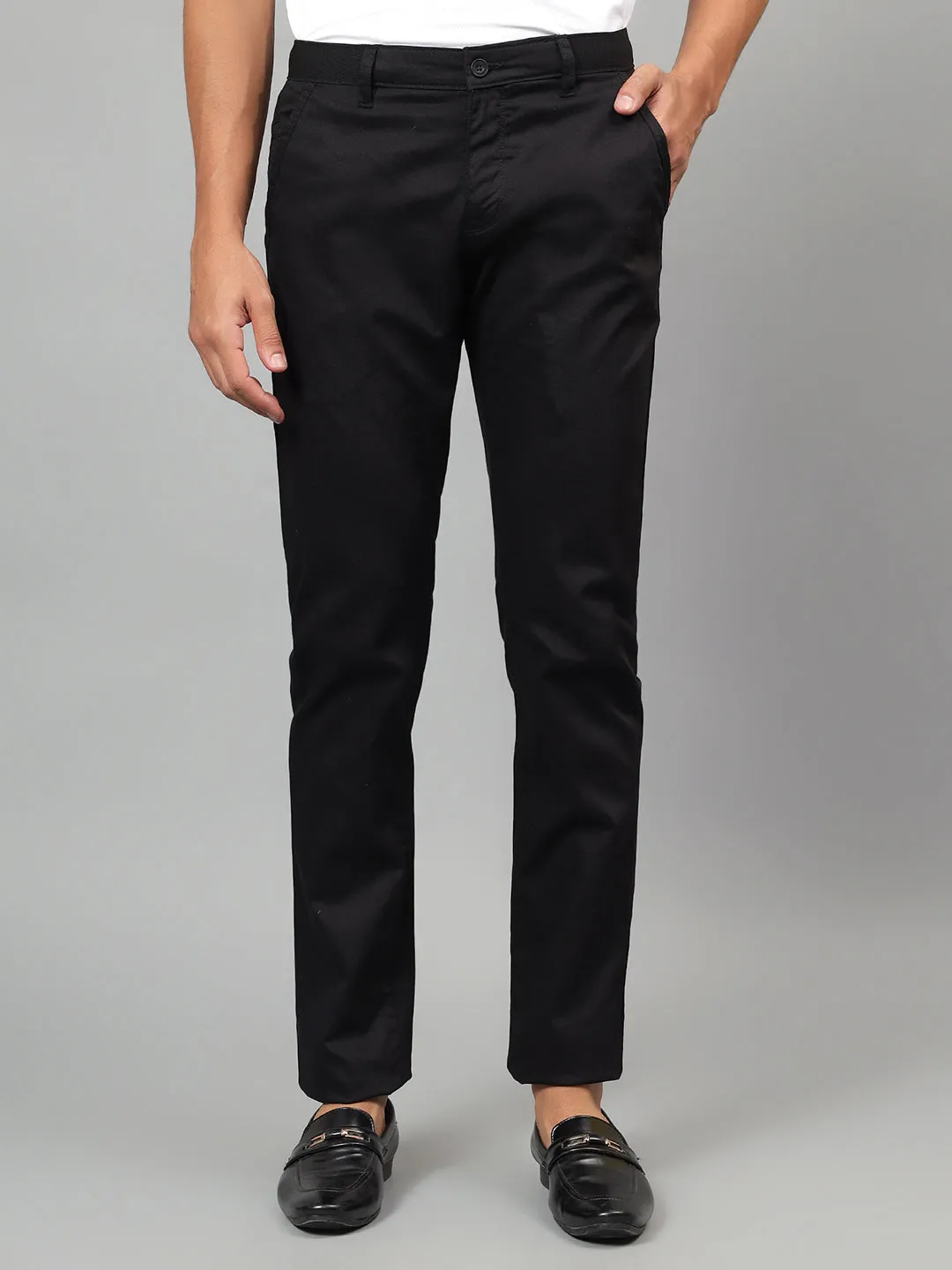 Men's Black Self-Design Non-Pleated Casual Trouser