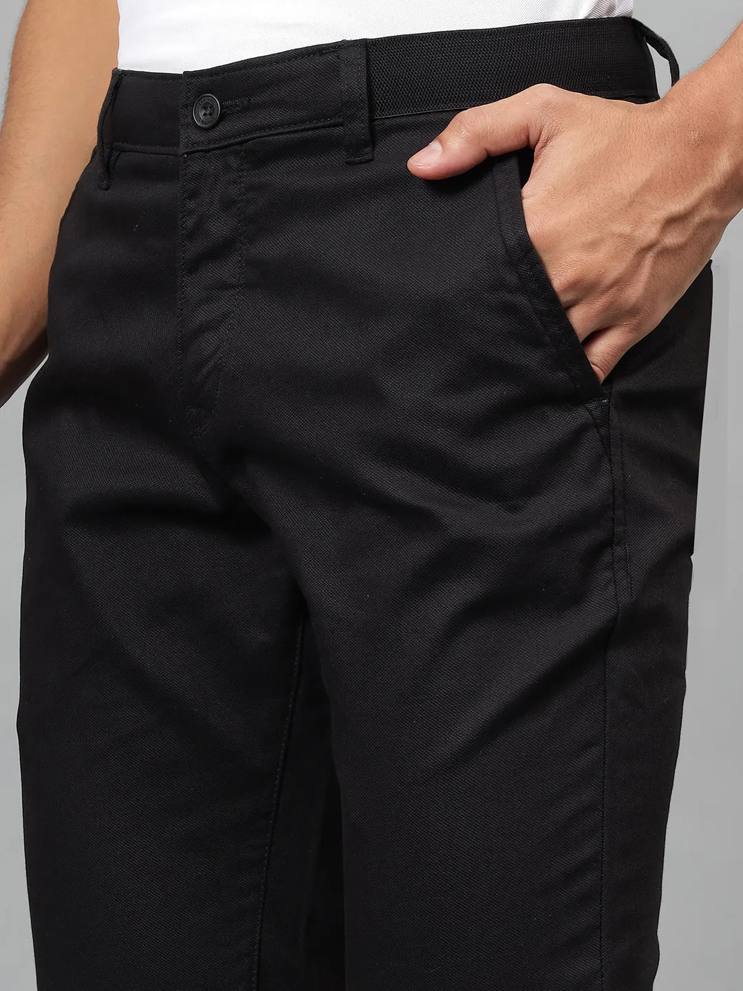 Men's Black Self-Design Non-Pleated Casual Trouser